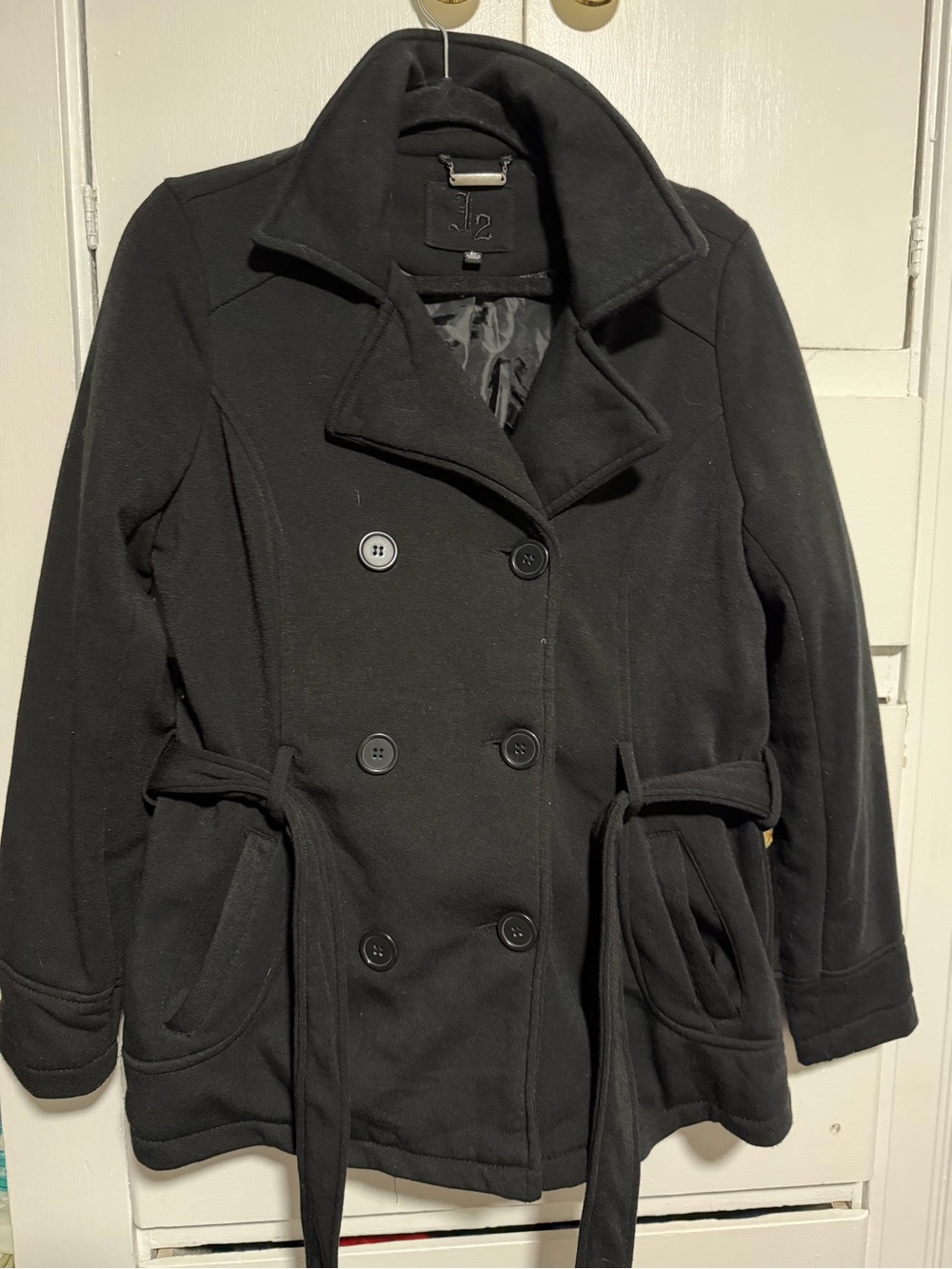 Women's Black Double-Breasted Belted Pea Coat